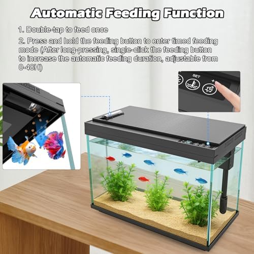 Smart Aquarium 5 Gallon Glass Fish Tank with Silent Water Pump, Self Cleaning System Efficiency Filter 7-Color LED Lights Automatic Feeder Temperature Display HD Glass, Smart Control with App, Black