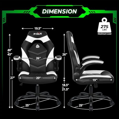 N-GEN GAMING Video Gaming Chair Ergonomic Office Desk Chair with Lumbar Support Adjustable Height Padded Flip Up Arms and Swivel Wheels Racing Style Design for Adults with PU Leather (White)