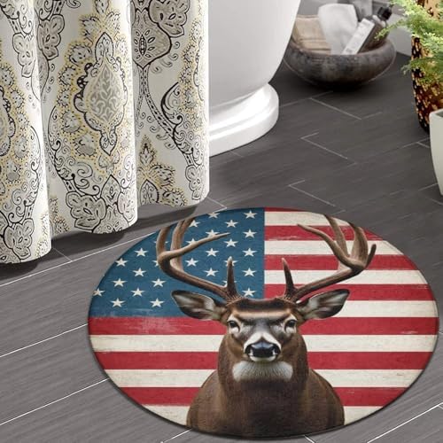 Large Machine Washable Circular Rugs, Home Decor Round Mat for Living Room Sofa Office American Flag Deer