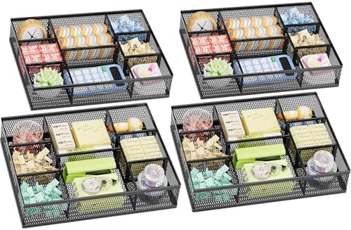 Marbrasse 2 Pack Desk Drawer Organizer, Mesh Drawer Organizer Tray with 8 Adjustable Compartments, Desk Organizers and Accessories, 5 Dividers Drawer for Office Supplies, Makeup & Vanity (Black-2P)