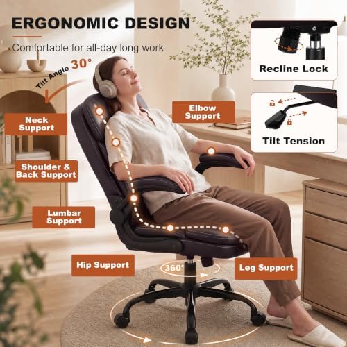 Leather Office Chair, Computer Desk Chair with Dual Back Support