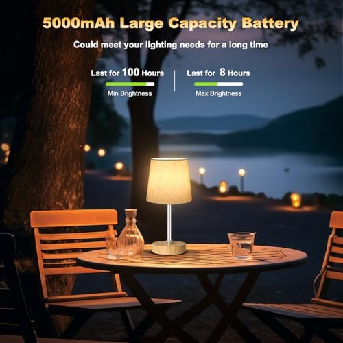 Wowag Small Cordless Table Lamp,5000mAh Rechargeable Battery Operated Desk Lamp,3 Colors & 7 RGB Stepless Dimmable, Portable Touch Bedside Night Light for Patio Restaurant Home,Wood Base,Flaxen Shade