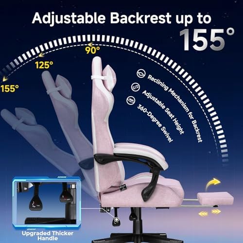 GTPLAYER Gaming Chair, Video Game Chairs with Footrest and Lumbar Support, Computer Chair for Adults with Extended Backrest, Ergonomic Reclining Silla Gamer, Linen Fabric, Pink
