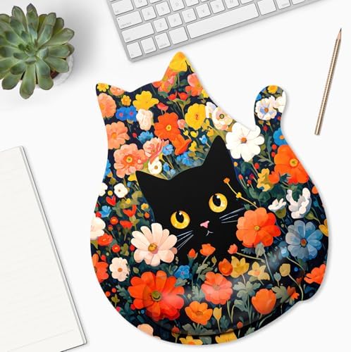Ergonomic Mouse Pad with Wrist Rest, Cute Cat Memory Foam Padded Pain Relief Non-Slip Wrist Support Mouse Mat for Gaming Work Computer Laptop, Funny Office Supplies Desk Accessory, Cat in Bush