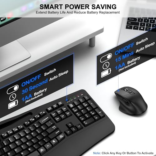 Wireless Keyboard and Mouse Combo, 2.4G Ergonomic Wave Keys(Black)