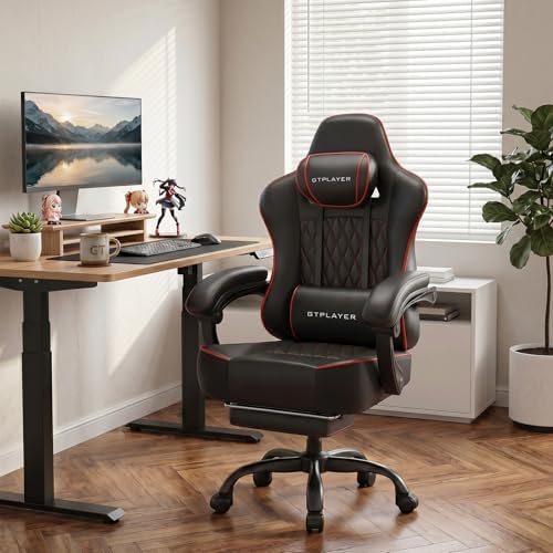 GTPLAYER Big and Tall Gaming Chair with Footrest, Ergonomic Office Desk Chair with 4.4in Thick Cushion and Wide Wingless Seat, Comfortable Leather Computer Chair, Predator Series, Black & Red Quilted
