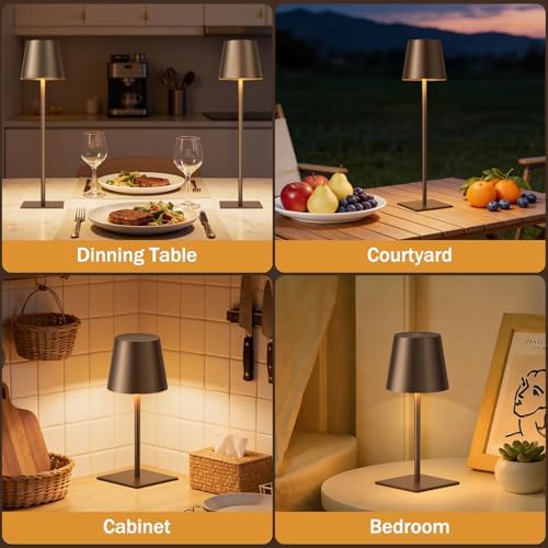 Kakanuo Brown Cordless Rechargeable Table Lamp, 2 Pack Portable Desk Lamp with 5000mAh Battery, Touch Control Stepless Dimming, for Dining, Outdoor Camping, Coffee Shop