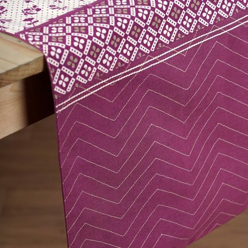 Maroon Cotton Table Runner, Geometrical and Floral Print with Patchwork, Table Decor, (13 X 90 INCHES)