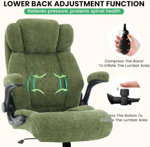 500lbs Big and Tall Office Chair Adjustable Lumbar Support for Back Pain, Extra Wide Seat Executive Office Chair Thick Armrest Pad, Heavy Duty Base&Upgraded Wheels, Ergonomic Desk Chair (Dark Green)
