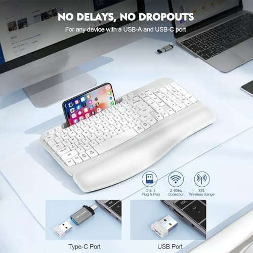 EAYBLLY 2.4G Wireless Ergonomic Keyboard, Full Size Wave Keys with Memory Foam Wrist Rest & 7.28in Phone Holder, USB-C Adapter Included for Windows Mac Chrome OS, Office or Home (White)