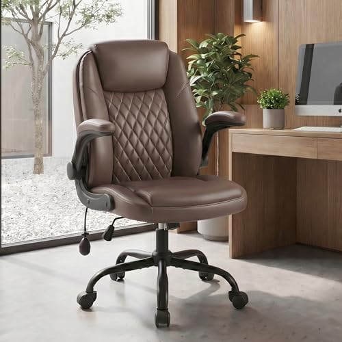 MALOL Leather Office Chair, Home Desk Chair with Flip-up Arms, Brown
