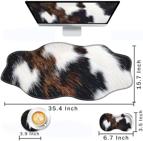 Mouse Pad with Wrist Support + Desk Mat + Coaster 3 in 1 Set, XXL Large Gaming Mousepad Ergonomic Mouse Pads for Desk Computer Laptop Office,Cute Cowhide Brown Black Cow