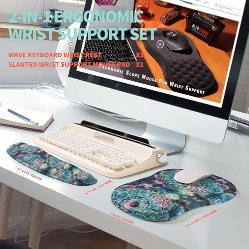 2-in-1 Ergonomic Set, Wave Rise Keyboard Wrist Rest and Massage Bulge Slope Mouse Pad Wrist Support, Cushion Memory Foam Integrated to Relieve Wrist Pain, Galaxy Mandala