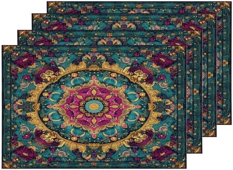Shrahala Exotic Rich Color Set of 4 12 X 18 Inch Linen Placemats, Ornate Details Swirling Forms Burlap Table Mat Washable Double Layered Heat Insulation for Indoor/Outdoor