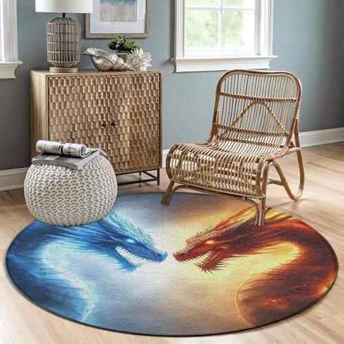 Fashion Round Area Rug Large Non Slip Carpet Unisex Home Decor Mat Cool Blue Ice Fire Dragon