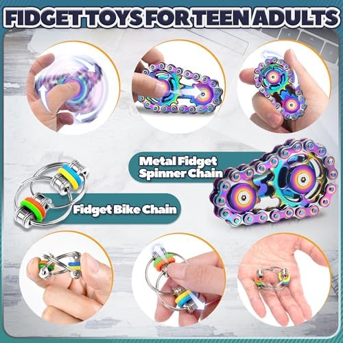 8Pcs Fidget Toys Adults Fidgets Spinner Autism Sensory Pack Spiky Sensory Rings for Anxiety Metal Bike Chain Roller Cool Gadgets for Teen Boys ADHD Silent Stress Relief Office Desk Toy Adults Gift