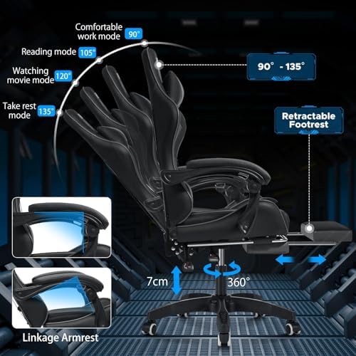 Gaming Chair with Massage Footrest Ergonomic Computer Chair for Boys-Grey