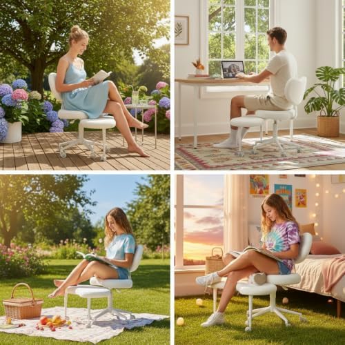 Ergonomic ADHD Criss Cross Legged Office Desk Chair - Meditation Kneeling Yoga Chair Adjustable Height with Wheels Lumbar Support, 360° Swivel Wider Footrest for Home Work, White