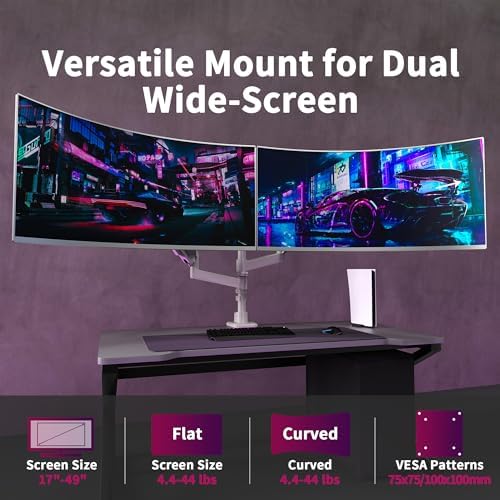 Dual Monitor Arm for 17-49 Inch Ultrawide Screens, Dual Monitor Mount Heavy Duty up to 44lbs, Adjustable Vertical Stacked Full Motion Dual Monitor Arm Desk Mount, 75/100mm VESA Mount, White