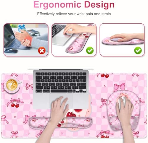 Cute Check Mouse Pad with Wrist Support 4 in1 Set, XXL Big Game Mousepad + Keyboard Wrist Rest + Mouse Wrist Rest Pad +Coaster Gaming Mat for Work Study Home Office I Pink Cherry & Bow Dream