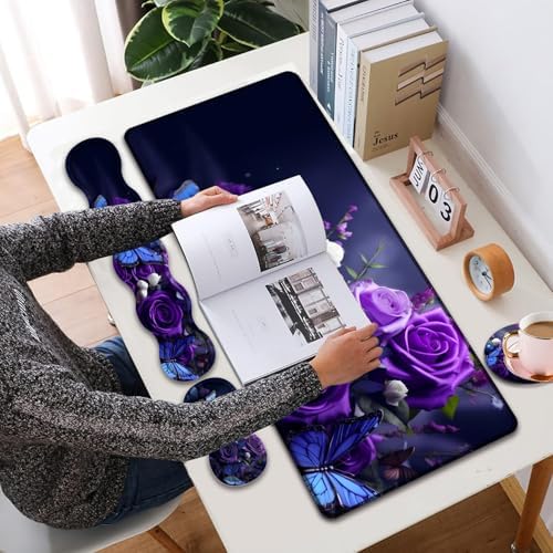 Mouse Pad Combo, Large Gaming Mouse Pad + Keyboard Wrist Support + Mouse Wrist Rest + Coaster, Table Pad 31.5 "x 11.8" with Memory Foam Ergonomic Wrist Pad Set, Purple Roses and Butterflies