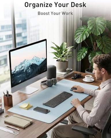 Aothia Faux Leather Desk Mat - Non-Slip PU Leather Desk Blotter, Waterproof Writing Surface, Large Desk Pad for Office & Home (Baby Blue, 55" x 17")