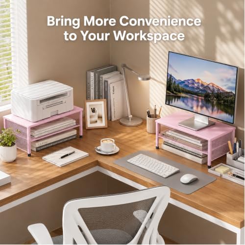 OPNICE 2-Tier Computer Monitor Stand Riser, Laptop Stand for Desk, Desk Organizer for Office, Home and School Supplies, Pink
