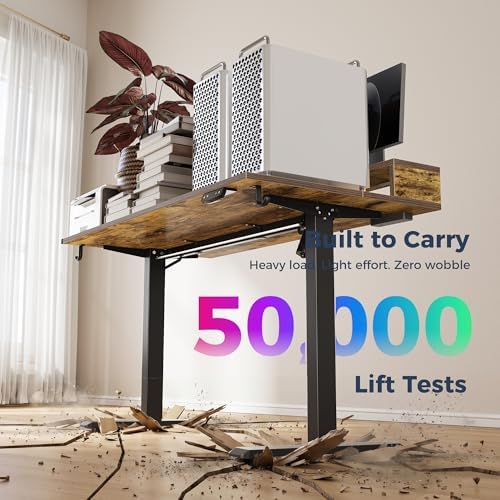 Klicelor Electric Standing Desk with Shelf, 48 Inch Height Adjustable Desk with Power Outlets & LED, Sit Stand Up Table with Monitor Stand, Computer Workstation for Home Office, Rustic Brown