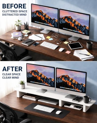 Aothia 43 in White Dual Monitor Stand, Monitor Riser for Desk, Solid Wood