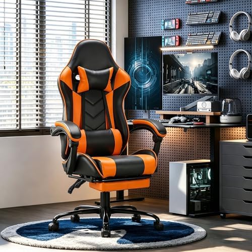 Big and Tall Gaming Chair with Footrest, Ergonomic Computer Desk Chair with Lumbar Support & Headrest, High Back PU Leather Gaming Office Chair, Reclining Swivel Task Chair for Office or Gaming