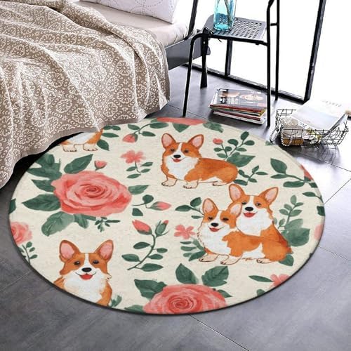 Fashion Round Area Rug Large Non Slip Carpet, Floral Flowers Cute Corgi Unisex Home Decor Mat
