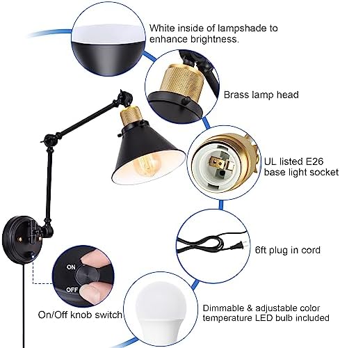 TRLIFE Dimmable Wall Sconce, Remote Control Plug in Wall Sconces Dimming 10%-100% and Adjustable Color Temperature 2700K-6000K, Swing Arm Wall Lights with Plug in Cord, UL Listed(2 Pack, 2 Bulbs)