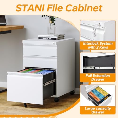STANI Mobile File Cabinet with Lock Under Desk Metal Filing Legal/Letter File Folders Rolling Cabinet Metal File Cabinets Filing on Wheels with Drawers Assembly Required