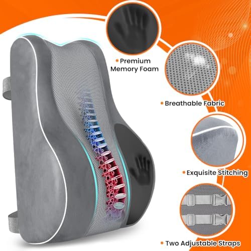 CloudBliss XL Lumbar Support Pillow, Memory Foam for Office, Light Gray