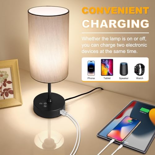 Unicozin Table Lamp for Bedroom, 3 Color Temperatures, 7 RGB Colors, Adjustable Brightness, Dual USB Charging Ports, Ambience Nightstand Light with Grey Shade, Desk Lamp for Kids Reading Home Office