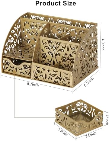 EasyPAG Desk Organizer and Pen Holder for Desk, Mesh Office Supplies Storage Caddy with Drawer for Small Space, Desktop Organizer for Home Office, Gold