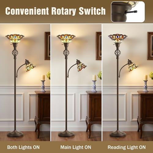 GyroVu Torchiere Floor Lamp for Living Room, Tiffany-Style Reading Light