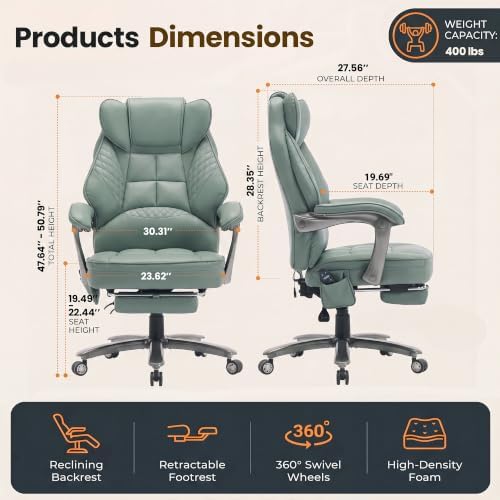 Big and Tall Massage & Heat Office Chair, Ergonomic Gaming Chair, Green