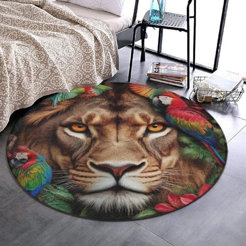 Machine Washable Modern Round Area Rug, Room Sofa Yoga Soft Round Carpet, Home Decor Non Slip Kitchen Office Circle Rug Lion and Parrot, 60inch