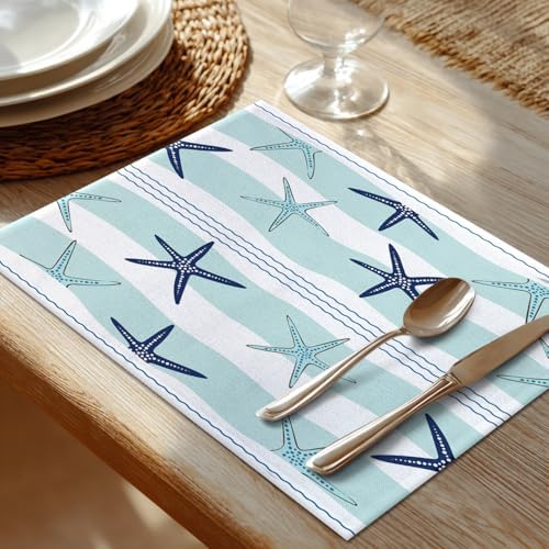 Shrahala Coastal Navy Blue Set of 6 12 X 18 Inch Linen Placemats, Coastal Starfish Repeat Pattern Navy Blue Turquoise Burlap Table Mat Washable Double Layered Heat Insulation for Indoor/Outdoor