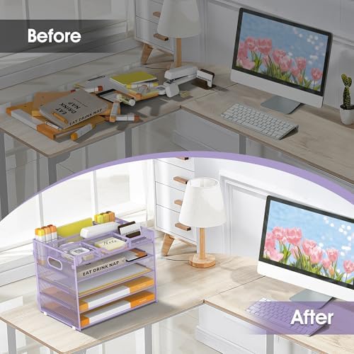 5 Tier Paper Letter Tray Desk Organizer with Pen Holders - Purple