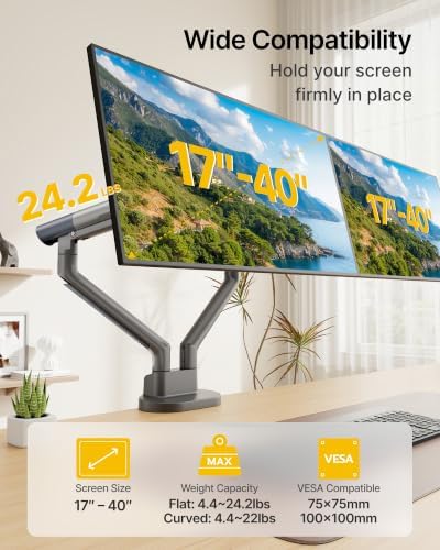 monTEK Aluminum Dual Monitor Arm for 17-40" Screens, 24.3 lbs Each, Gray
