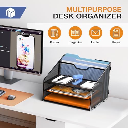 GAWERK Letter Tray Organizer, Mesh Desk File Organizer with 3 Paper Trays and 2 Vertical Upright Section (Purple)