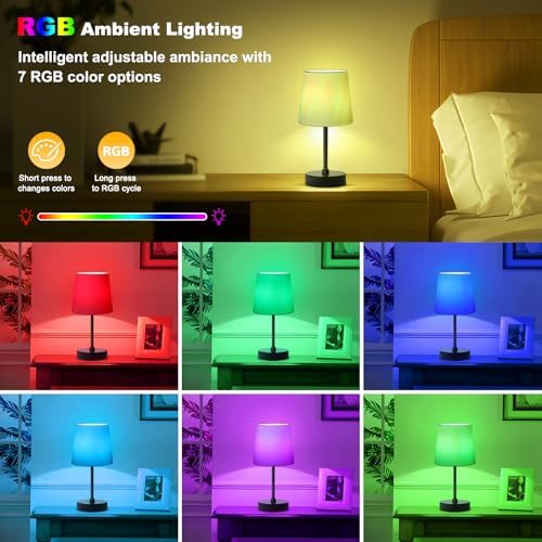 Wowag Cordless Table Lamp,5000mAh Rechargeable Battery Operated Desk Lamp,3Colors & 7 RGB Stepless Dimmable, Portable Small Touch Fabric Shade LED Night Light for Patio Restaurant Home(White)