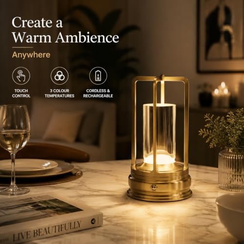 Cordless Outdoor Table Lamp, Rechargeable LED Patio Lamp, Dimmable, Gold