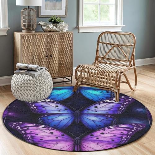 Men's Large Home Decor Mat, Soft Round Yoga Carpet, Non Slip Machine Washable Home Office Circle Rug Purple Butterfly
