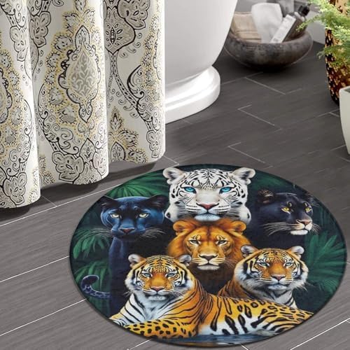 Men's Large Home Decor Mat, Soft Round Yoga Carpet, Non Slip Machine Washable Home Office Circle Rug Jungle Animals Lion Tiger Leopard Print