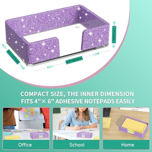 Sticky Note Holder, Glitter Purple Acrylic Notepad Holder 4x6 in Self-Stick Note Dispenser Office Desk Accessories, Memo Pad Holder Organizer for Classroom School Supplies