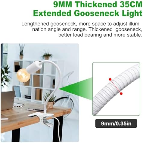 Clip on Desk Lamp, White Clip Lamp Holder with 220 CM Switch and Plug Cable, Clamp Light Socket with Metal Clamp, 9-350 MM Thickened Lengthened Gooseneck Light, E27 Lamp Holder, for Home Office
