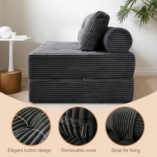 Nigoone Folding Sofa Bed Futon, Supportive Sleeper Chair with Pillow, Comfy Corduroy Floor Couch, Versatile Convertible Mattress for Bedroom/Living Room/Guest/Office, Dark Grey
